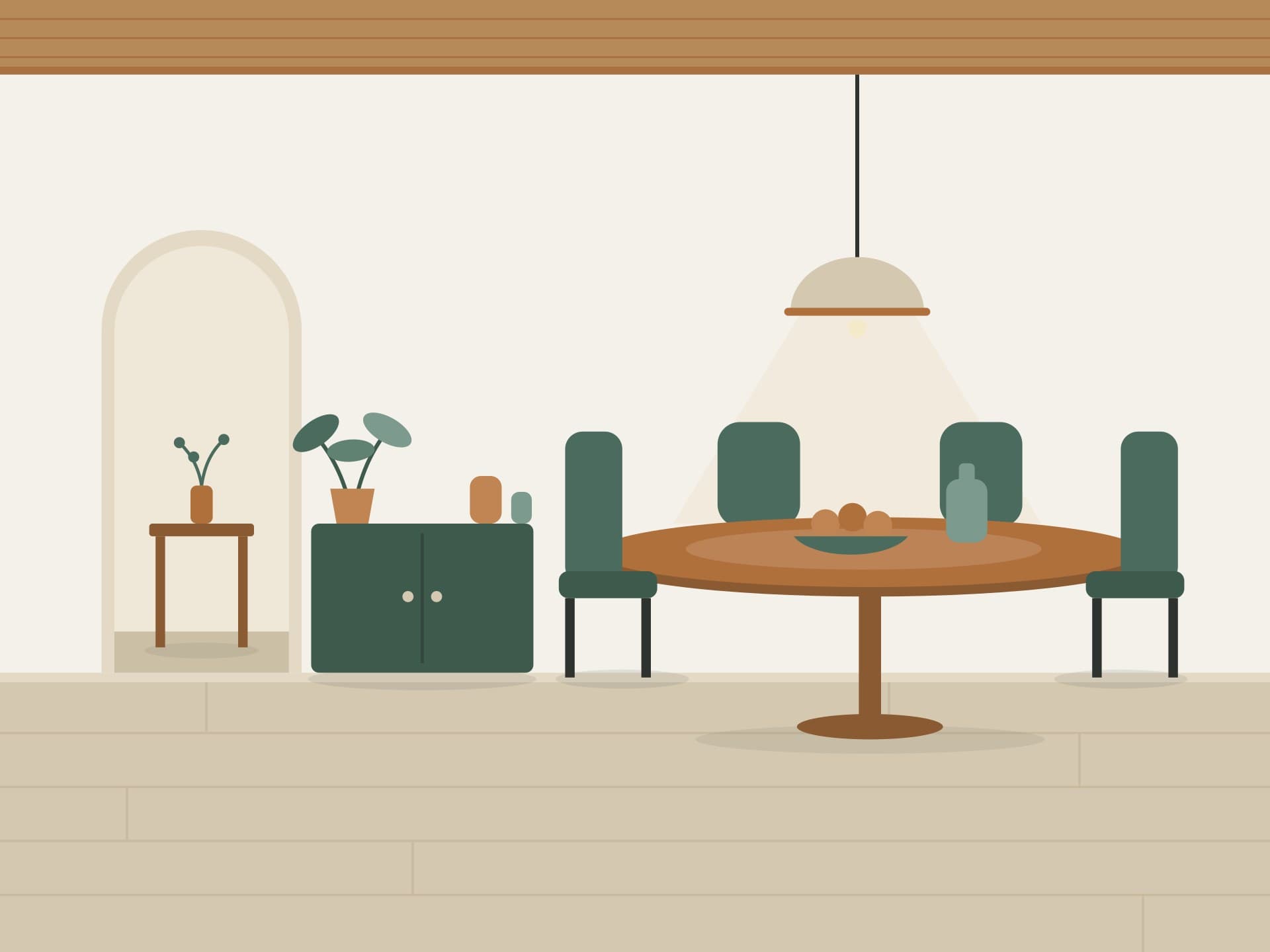Ilustración de un comedor de departamento bajo un techo de madera